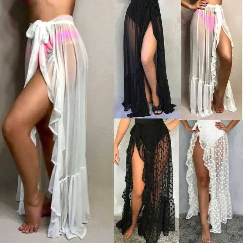 

UK Women's Mesh Sheer Beach Vacation Sunscreen Bikini Cover Up Wrap Summer Skirts Female Clothing