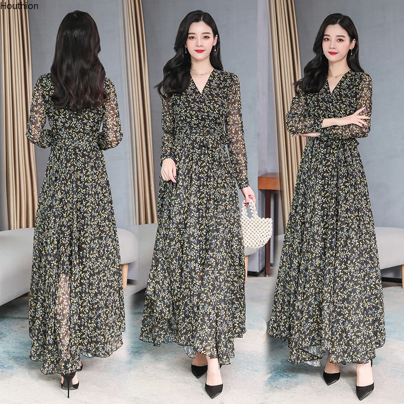 

Houthion Women's Dresses Pint Long Dress Loose Plus Size Bohemia New Draw Back Chiffon A-LINE Mid-Calf V-Neck Casual Fashion