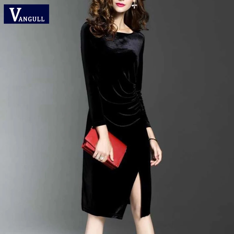 Black Slash neck Vangull женское бархатное платье, однотонное элегантное женское платье с разрезом и рюшами, новинка, Осень-зима, длинные платья, женская одежда - Цвет: Black Slash neck
