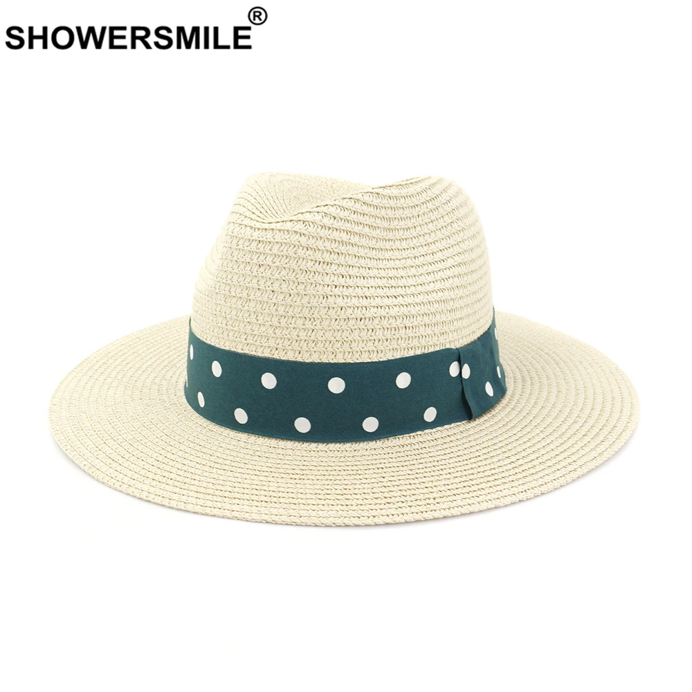 

SHOWERSMILE Summer Hat Women Straw Hat Fedora Female Sunhat Beach British Style Panama Chapeau Dot Jazz Trilby Cap Sombrero