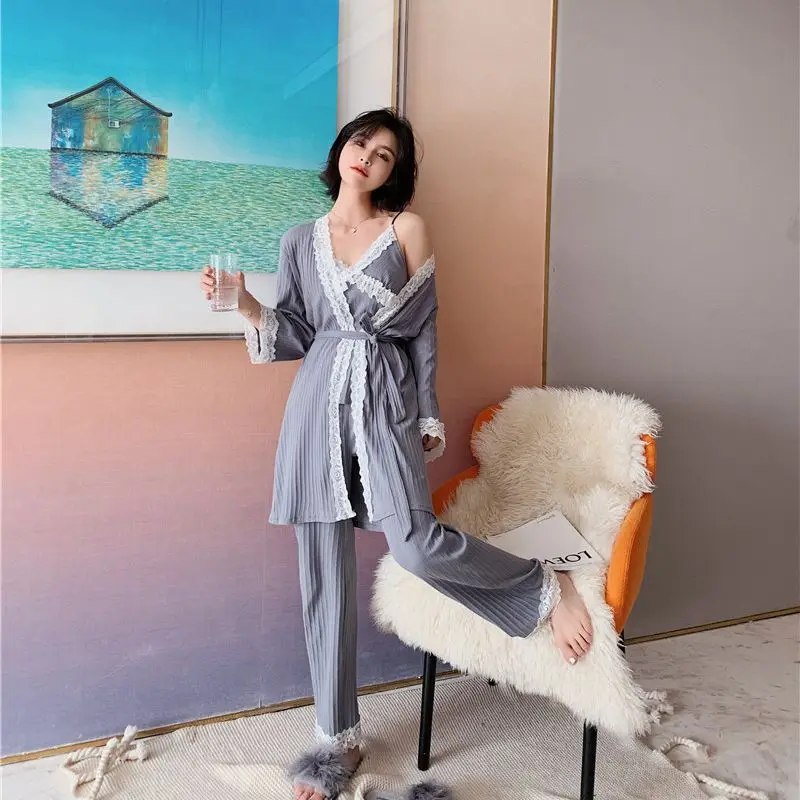

Pajamas women's autumn and winter long-sleeved home service sexy sling nightgown pajamas three-piece elegant pajamas sleep pants