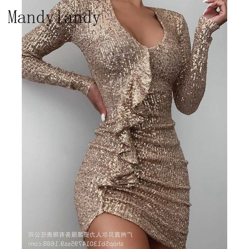 

Mandylandy Pleated Dress Autumn V-neck Ruffle Stitching High Waist Dress Women's Fashion Long Sleeve Slim-Fit Sequined Dress