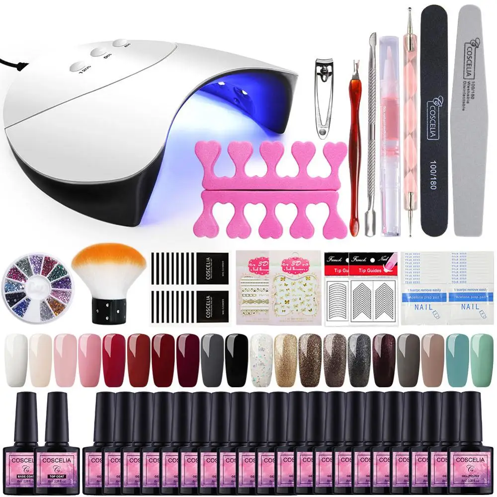 20PCS GEL SET A 02 COSCELIA 20 шт набор гель-лаков для ногтей все для маникюра Набор для гель-лака инструменты для маникюра 36 Вт лампа для ногтей Набор для нейл-арта - Цвет: 20PCS GEL SET A 02