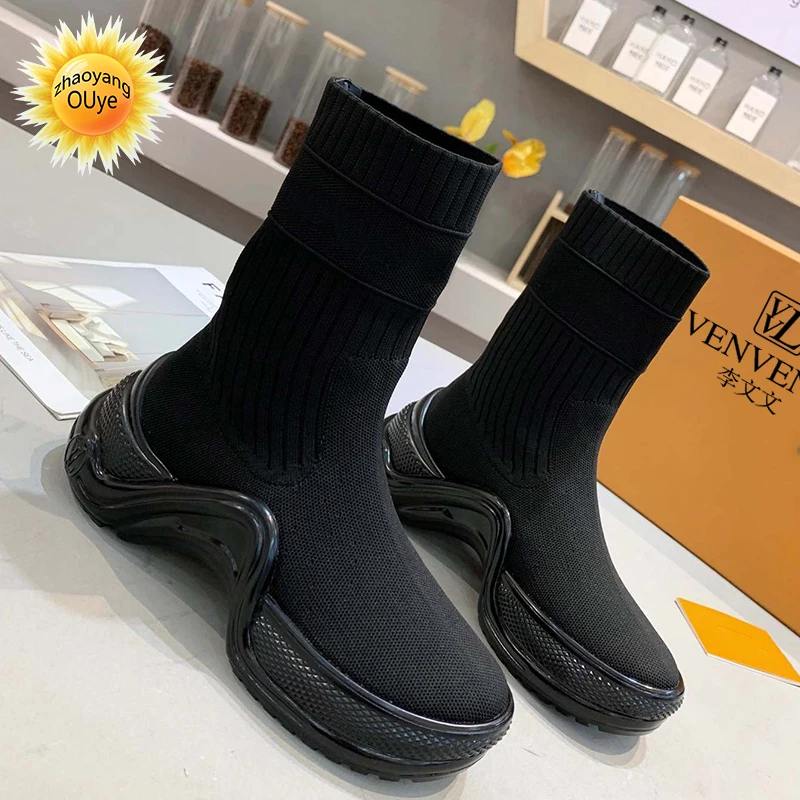 Koop Franse 2021 Nieuwe Mode Gebreide Geborduurd Martin Laarzen Dikke Zolen Zwarte Sokken Laarzen Casual Schoenen Vrouwen Herfst Laarzen