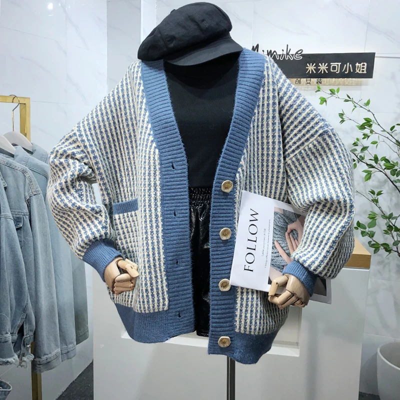

Casual V Neck Women Knitted Sweater Long Sleeve Single Breasted Female Korean Loose Cardigan Striped Ladies Sweater Blue Red