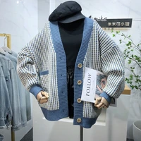 casual v neck women knitted sweater long sleeve single breasted female korean loose cardigan striped ladies sweater blue red