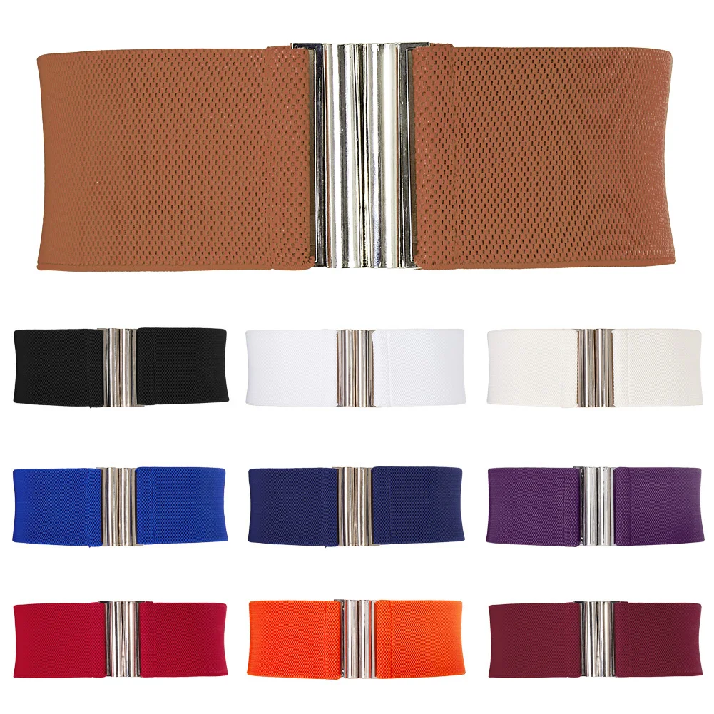 

Summer Women Stretch Elastic Wide Corset Waist Belts Silver Metal Buckle Fabric Strap Female Apparel Accessories Dress Waist
