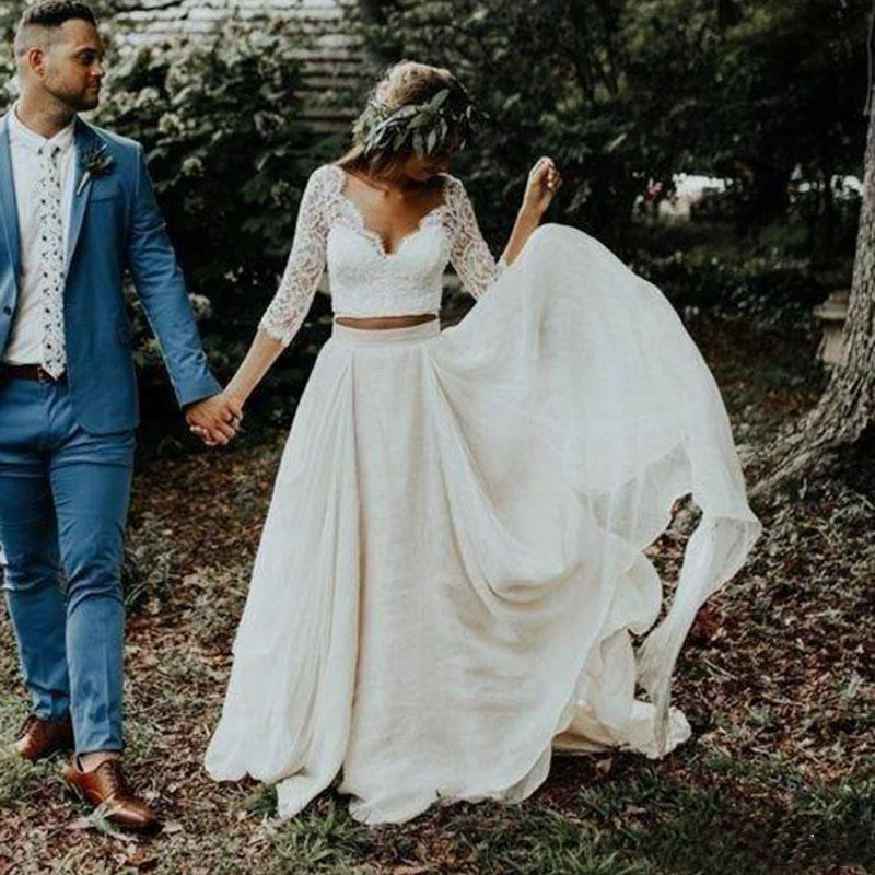 

Bohemian Hippe Style Wedding Dress Two Piece V-neck Hlaf Sleeves Long Boho Beach Bridal Gowns Lace Country Vestido De Novia