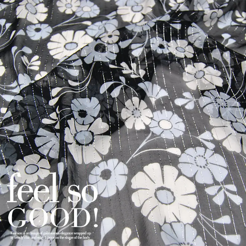 Silk Georgette Chiffon Fabric Dress Black Simple Color Silver   Spring Summer Thin  Skirt Scarf  DIY Patchwork Tissue