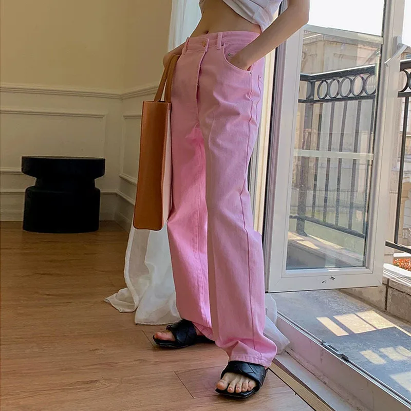 Женские Длинные винтажные джинсы DEAT ярко-розовые потертые полной длины с