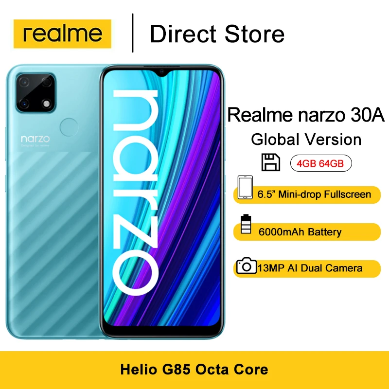 Смартфон Realme Narzo 30A 4 Гб + 64 ГБ Android 10 Helio G85 восемь ядер глобальная версия дюйма 6 5 мАч