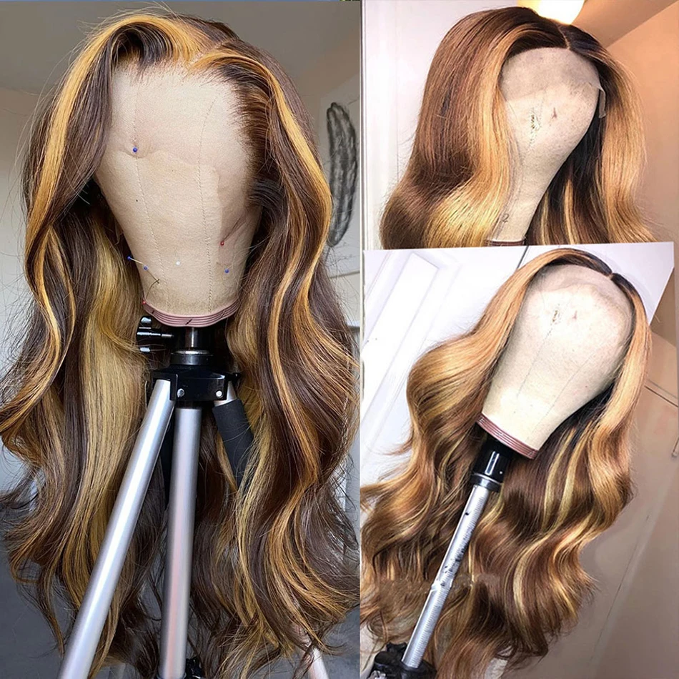 

Хайлайтер парик из человеческих волос, волнистый передний парик на сетке, бразильские волосы от уха до уха, 28 дюймов, предварительно выщипанные цветные парики для женщин, Remy Yimeishun