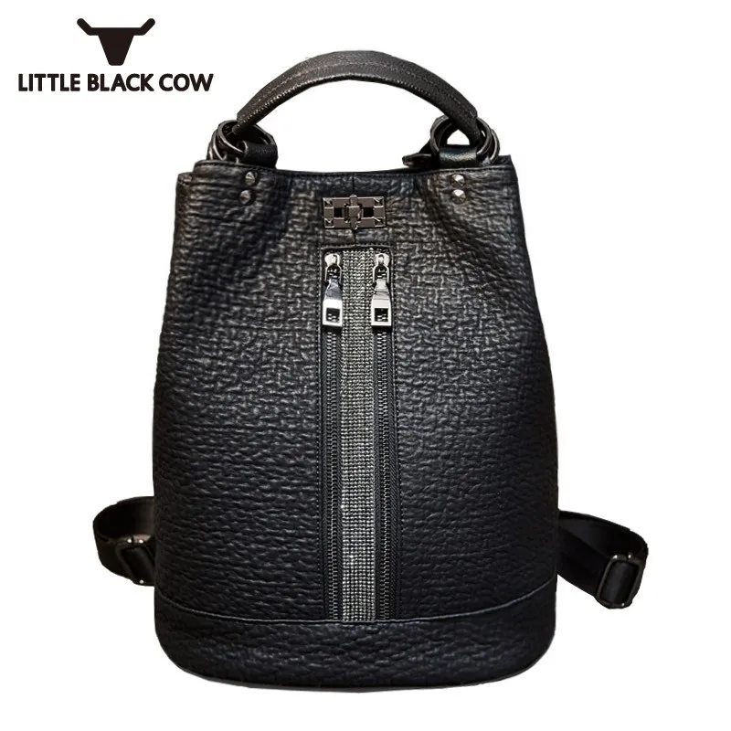 

High Capacity Travel Backpack Female Bucket Bags Waterproof Black Casual PU Leather Backpack Korean Style School Backpack