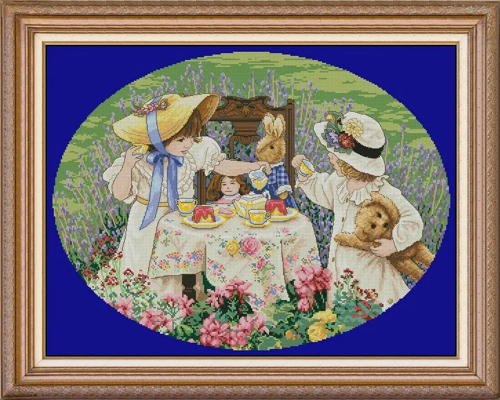 

MM Top Quality popular counted cross stitch kit Afternoon Tea two girls bear doll bunny drink tea in the garden Dim 35152