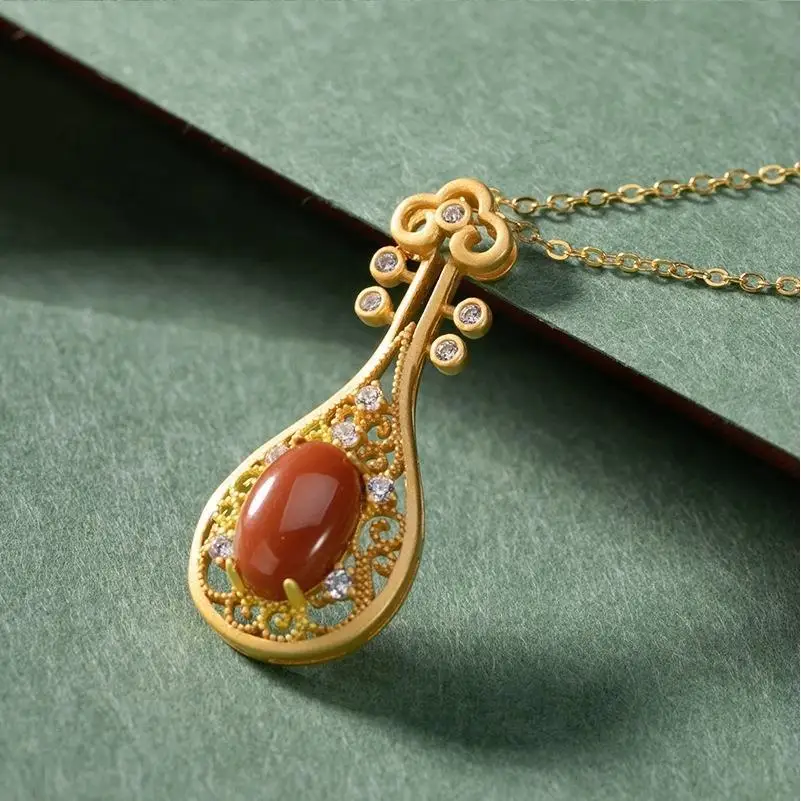 

Silver ancient method gold craft inlaid natural southern red tourmaline pipa necklace pendant ladies jewelry banquet accessories