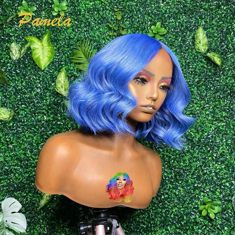 

Colored Blue Bob Lace Front Wigs Transparent Lace Frontal Wig Brazilian Short Bob Lace Front Human Hair Wigs For Women Wavy Wig