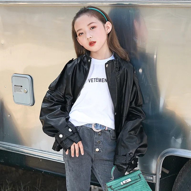 

Teenager Leather Jacket/coat For Girls 8 To 12 Years Autumn Kids Teen School Pu Leather Jackets Child Outerwaer Pink Black 13 10