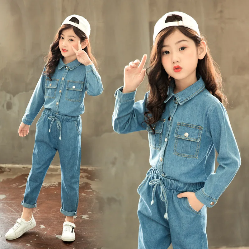 

ZWY556 Clothing Set Long Sleeve Children Clothes Denim Suits Kids Tracksuits Little Girls Shirts+ Jeans Pants Boutique Outfits