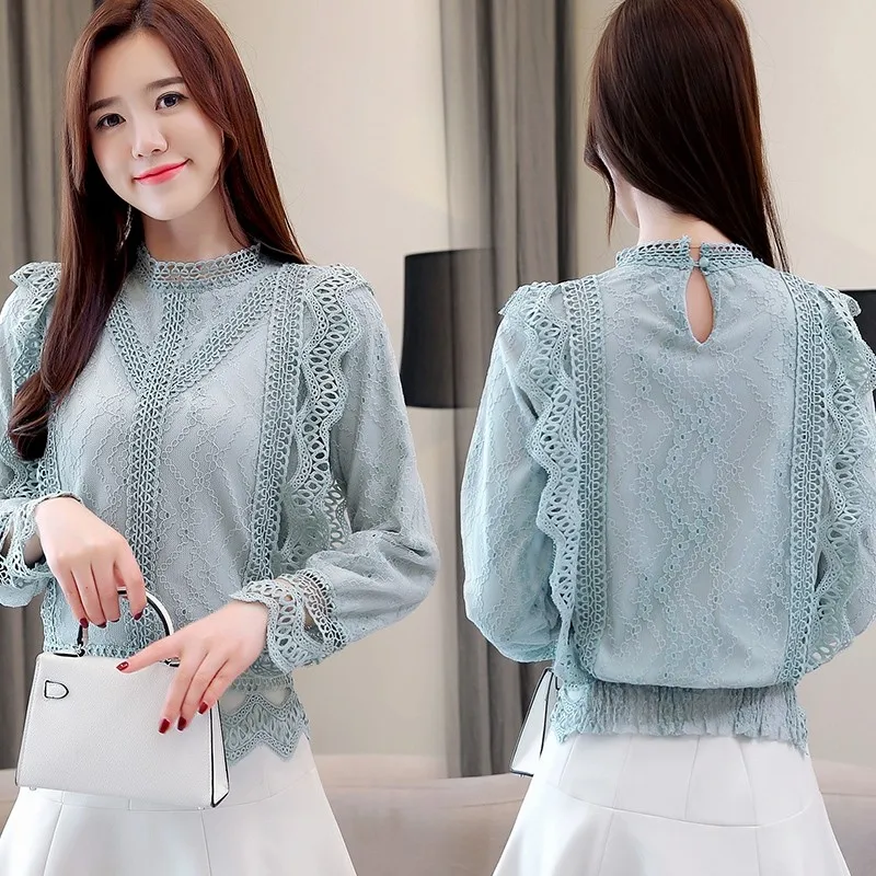 Женская кружевная блузка MUMUZI шифоновая с длинным рукавом Лоскутная рубашка в