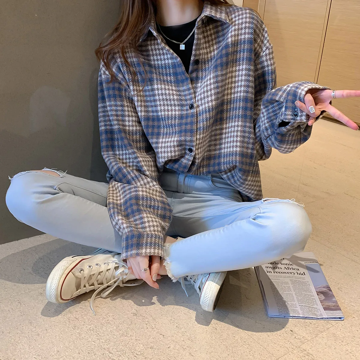 

Casual Womens Classic Plaid Brushe Blouse Long Sleeve Top 2020 New Autumn Singer Breasted Streetwear Ladies Blouse Shirts Winter