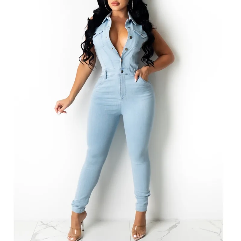 Модный однобортный джинсовый Длинный Облегающий комбинезон женский сексуальный