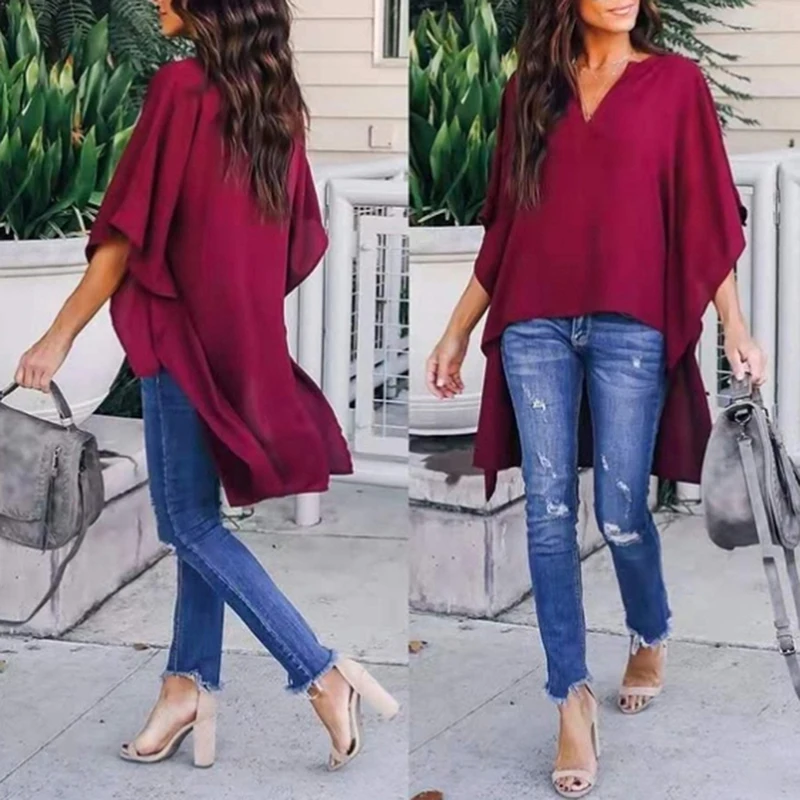 

Hot 2022 Women Blouses Summer Elegant Irregular V-Neck Chiffon Soft Tunic Casual Solid Breathable Half Batwing Sleeve Top Shirts