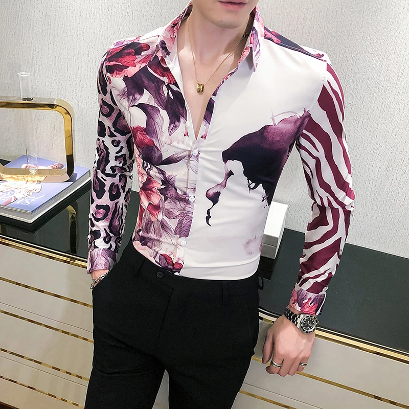 

Korean Shirts for Men Fashion 2020 Sexy Leopard Print Long Sleeve Shirt Men Slim Fit Streetwear/Prom/Party Tuxedo Dress 3XL-M