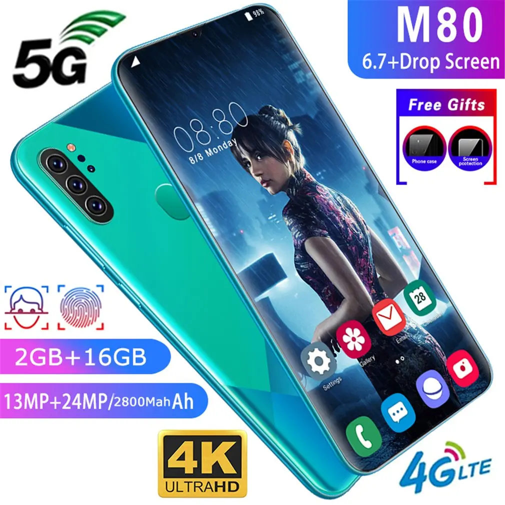 M80 2 + 16 Гб 6 7 дюймовый экран в форме капли воды отпечаток лица смартфон с