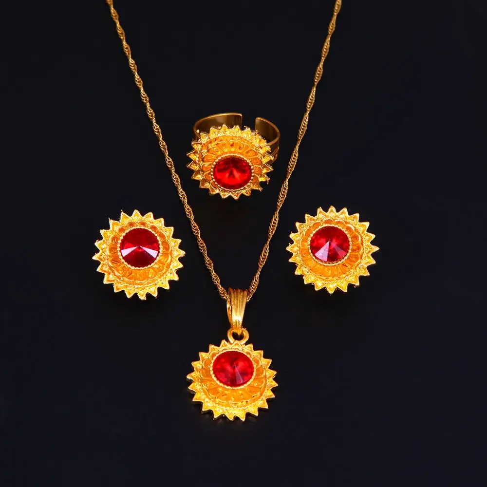 Conjunto de joyas de Color dorado, rojo, azul, verde, piedra etíope, pendientes, colgante, anillo tradicional africano, regalo de joyería para mujer