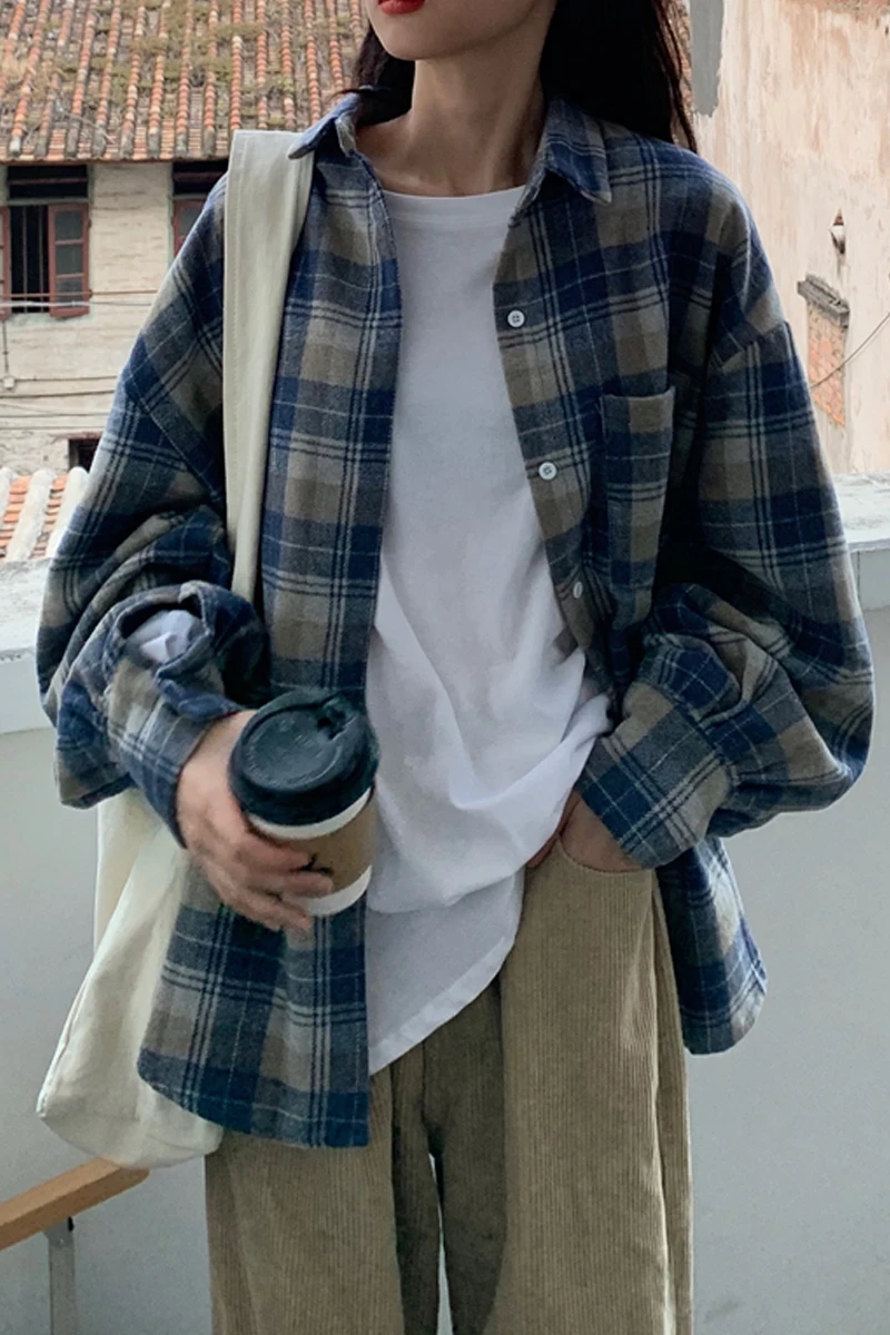 

Plaid Shirt Women's New Autumn / Winter 2020 Harajuku Style Loose Single Breasted Woolen Medium Long Sleeve Shirt Coat