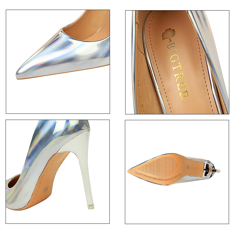 Металлический каблук с высоким каблуком блестящий патент Кожа Shallow Рот Указал