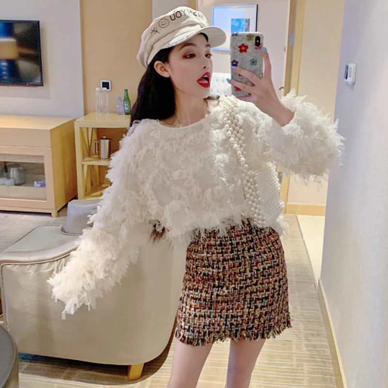 [EWQ] Милая сетчатая кружевная рубашка с круглым вырезом и длинными рукавами