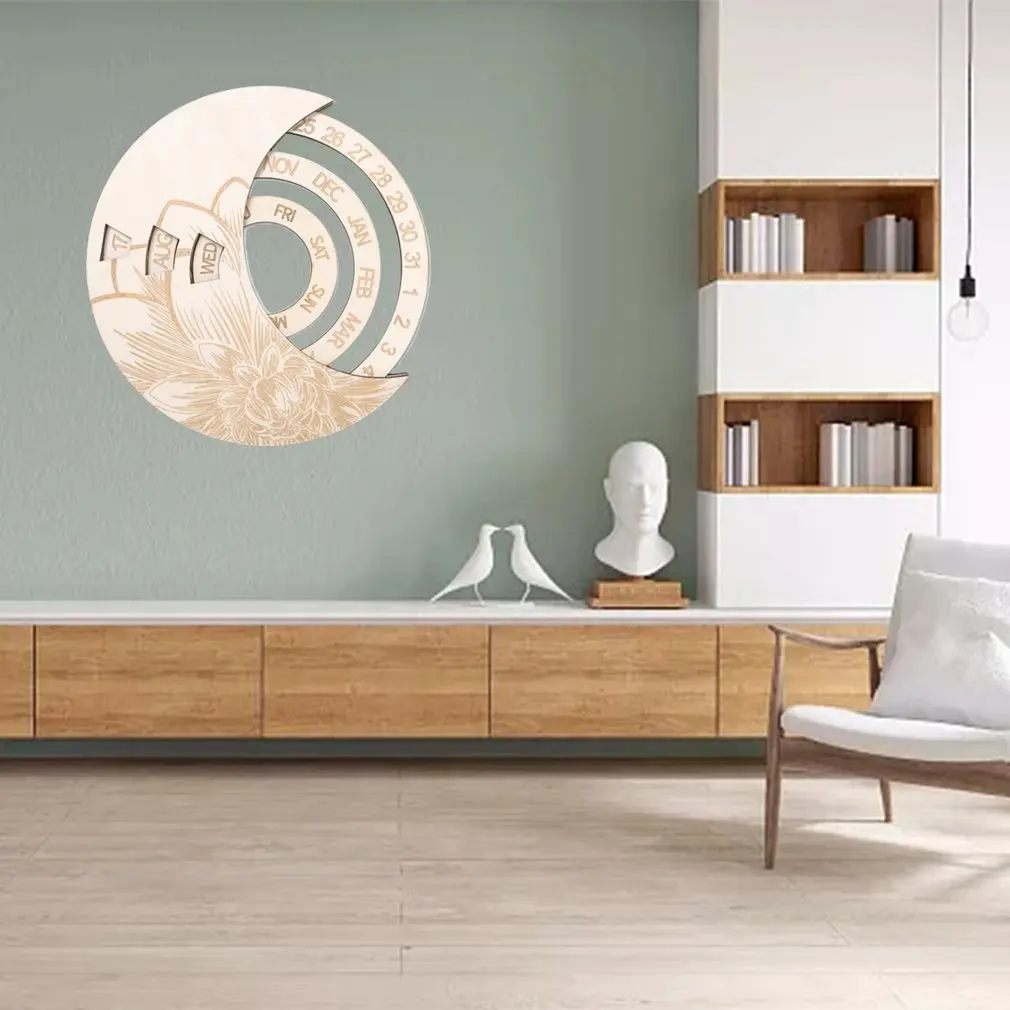 

2021 New Classical Wooden Perpetual Calendar On Wall With Floral Pattern Rotatable Calendar Living Room Bedroom Decoration