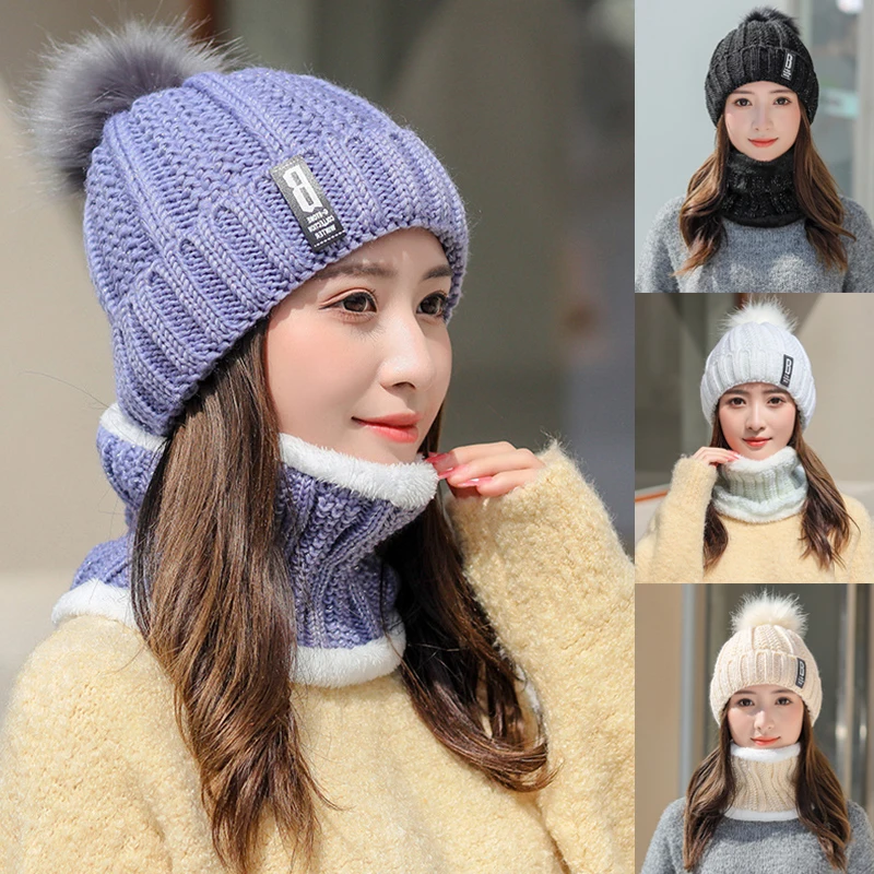 

Fashion Women Wool Knitted Neckerchief Hat Set Winter Warm Plus Velvet Thicken Beanies Scarves Lady Outdoor Wind-Proof Cap Scarf