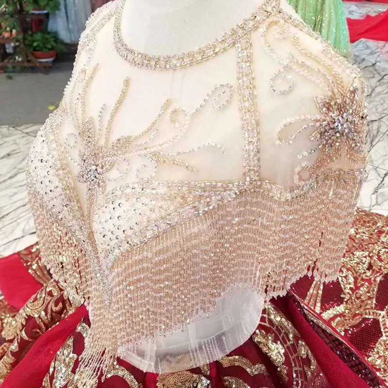 LS11100 Роскошные красные и золотые женские платья с круглым вырезом блестящие