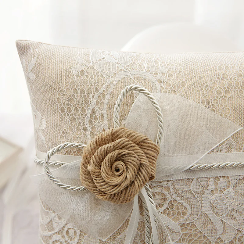 

Wedding Ring Pillow Lace Flower Decorated Bridal Wedding Ring Bearer Cushion Ribbon Bowknot Rhinestones Party Decoration