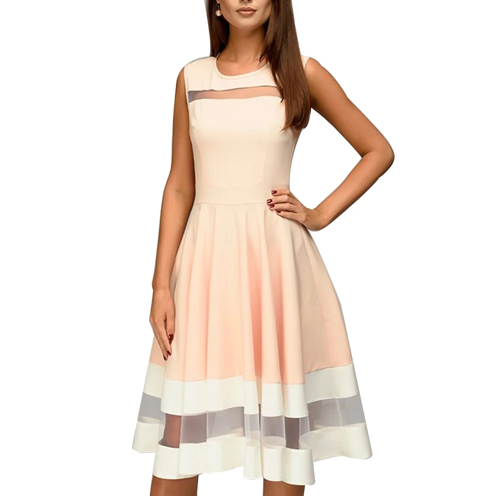 

Dress Women O-Neck Retro Sleeveless Banquet Midi dress Perspective Mesh Contrast Long Dress A-Line Sleeveless party dress