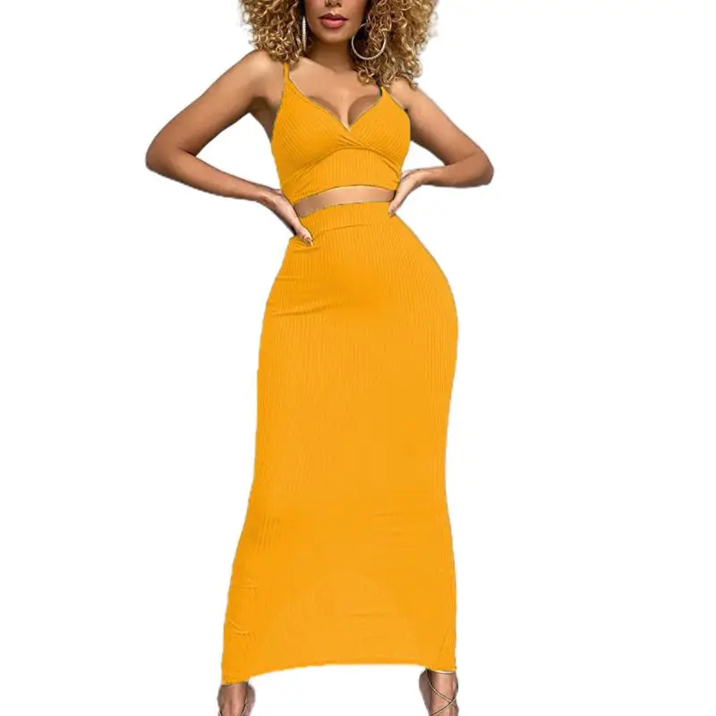 

Female Solid Outfits Spaghetti Strap Ribbed V-Neck Crop Top Bodycon Maxi Skirt A0NF