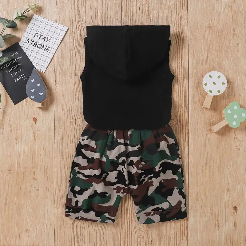 Toddler Kids Baby Boys Camo Alphabet Sleeveless Hoodie Tops Shirt Camouflage Print Shorts Pants Outfits Set Kids Clothing