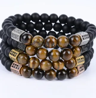 

8mm jth3 silver gold copper tube micro pave cz zircon cubic zirconia Bracelet yellow Tigereye black Frosted agate Onyx bead