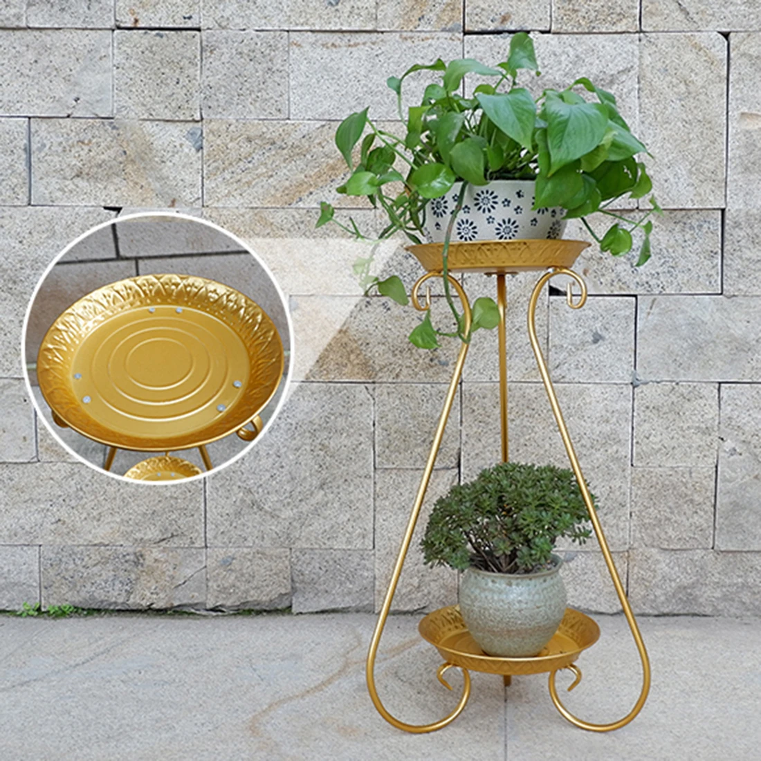 

65cm 2-Layer European Style Wrought Iron Plant Flower Pot Holder Metal Flower Pot Stand - Luxury Gold White