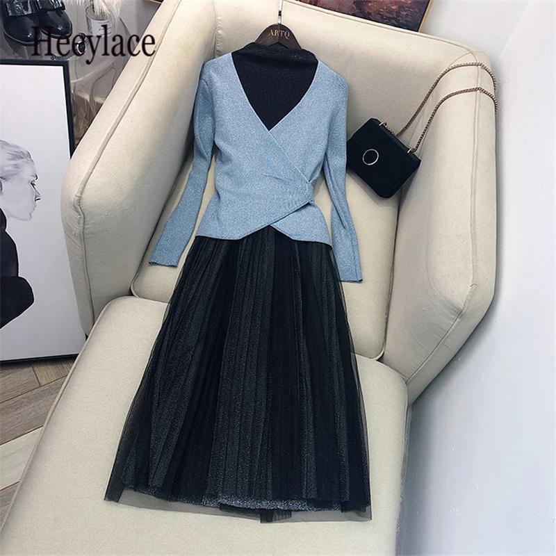 Женский комплект из 2 предметов блестящий трикотажный джемпер с V образным