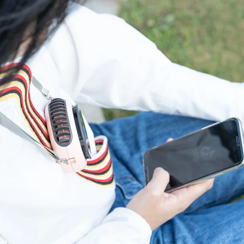 

1200mAh Hanging Neck Fan Mini Portable Cute 3-speed Silent High Wind with Adjustable Lanyard Leafless Small Fan Desk Pink