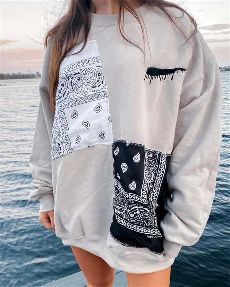 

Fashion Patchwork Printed Pullovers Women Loose Casual Sweatshirts Light Grey Plus Zie Long Sleeve O-Neck Spring Autumn Clothing