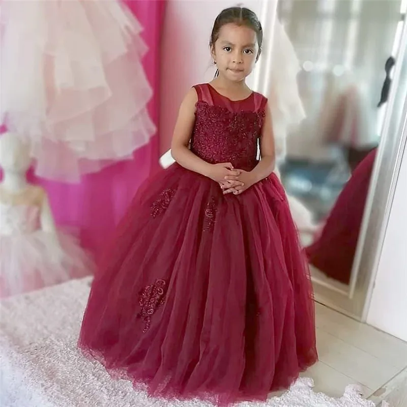 Burgundy Beaded Lace Flower Girl Dresses Sheer Neck Little Princess Communion Pageant Gowns