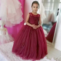 burgundy beaded lace flower girl dresses sheer neck little princess first communion dress pageant gowns