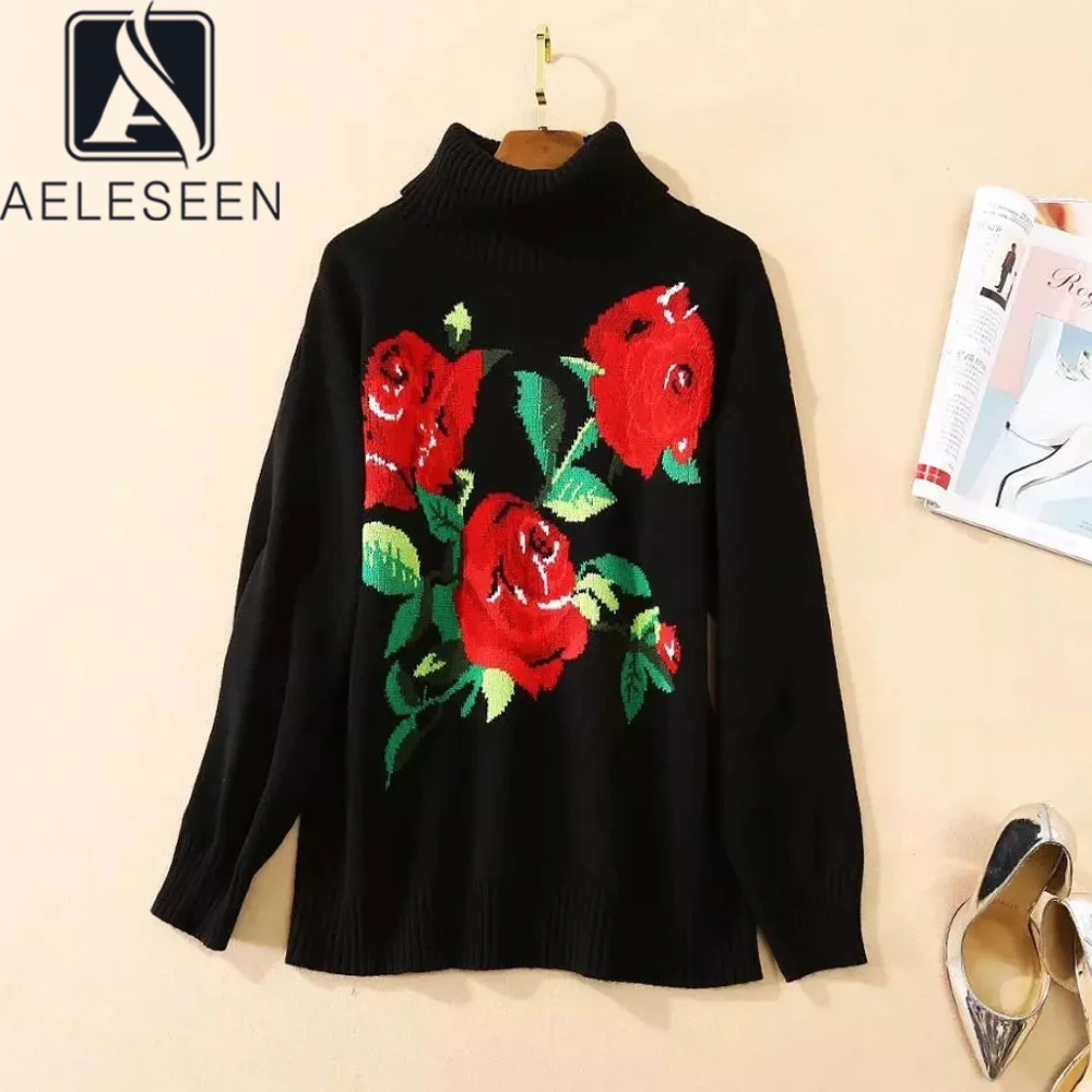 

AELESEEN Runway Fashion Autumn Winter Knitting Sweater Women's Long Sleeve Red Flower Embroidery Vintage Pullovers Sweater