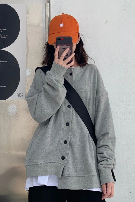 

Gray Sweater Coat New Women's Korean Style Loose Spring and Autumn Long Sleeve Bfstyle Baseball Uniform All-Matching Ins Fashion
