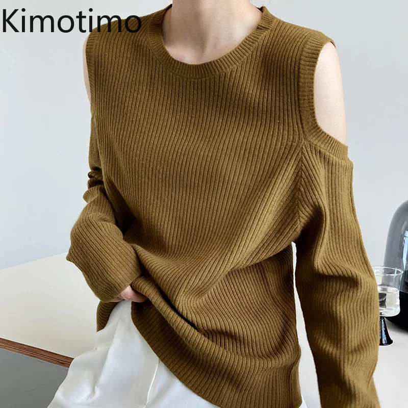 

Трикотажные топы Kimotimo с открытыми плечами, Осень-зима 2021, пуловер с круглым вырезом и длинными рукавами, корейский шикарный однотонный тонк...