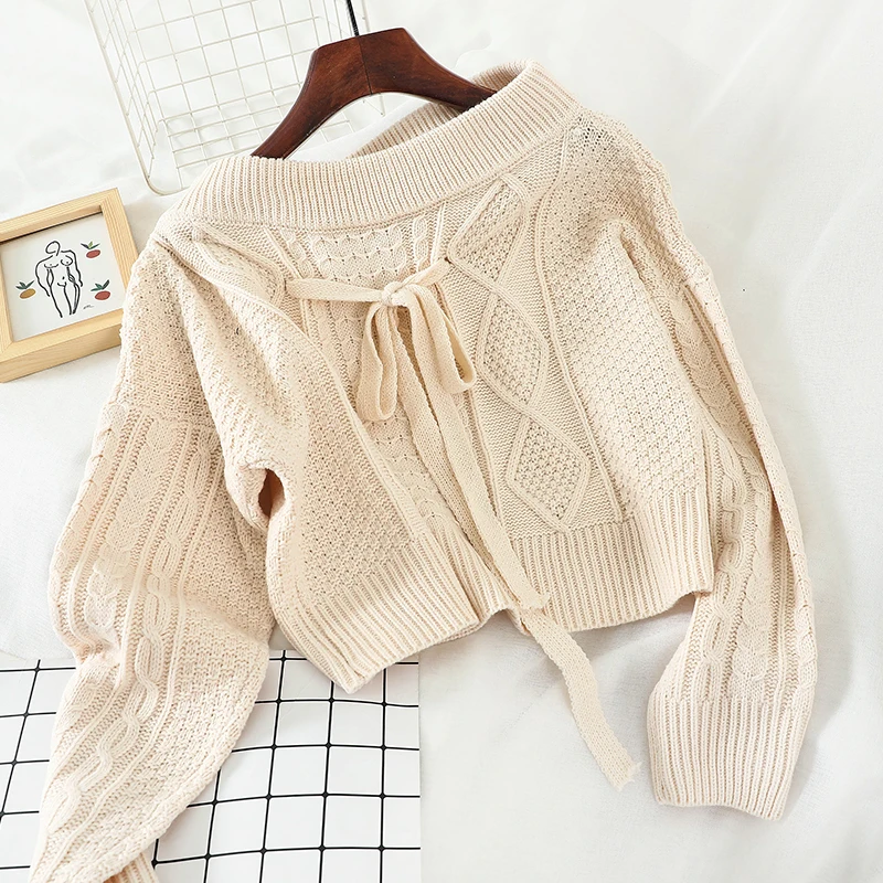 OCEANLOVE Slash Neck Short Pullovers Solid Bow Lace Up Fashion Women Sweaters Girls Korean New Pull Femme Loose Tops 13456 | Женская